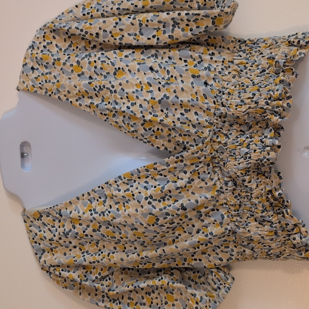 Elegant V-Neck Blouse with Yellow and Blue Print